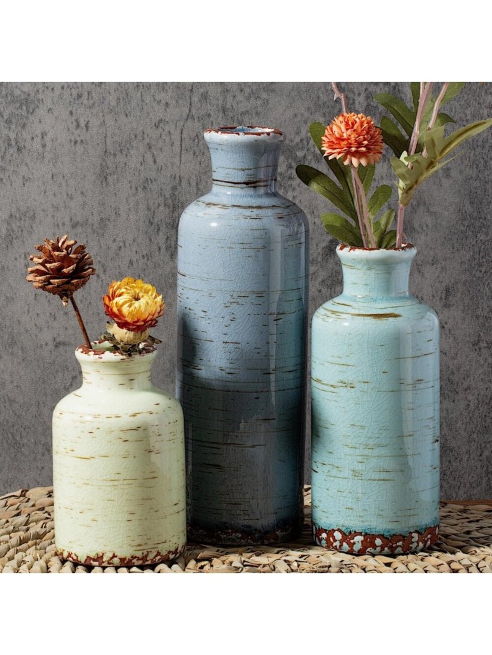 Vintage Ceramic Vase Set of 3 - Gray Blue Green Crackle Glaze, Chinoiserie